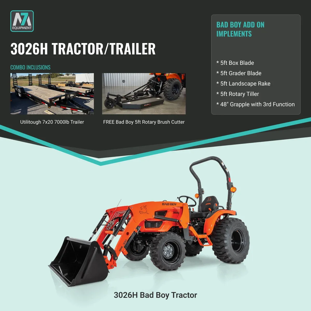 Bad Boy 3026H tractor and trailer combo